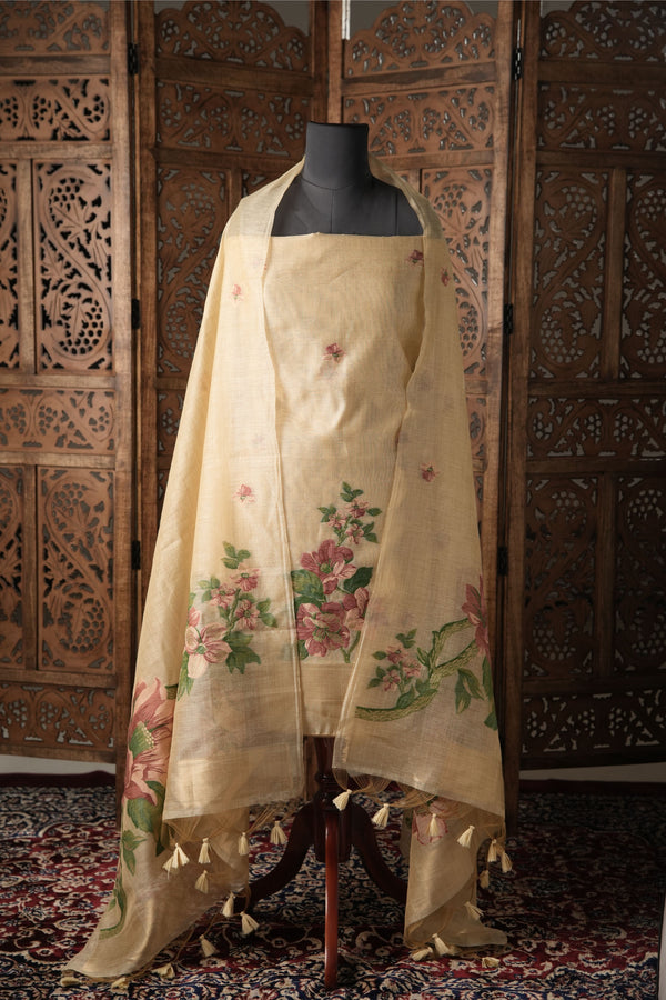 Modern Minimal Yellow Floral Muga Cotton Unstitched Suit Set